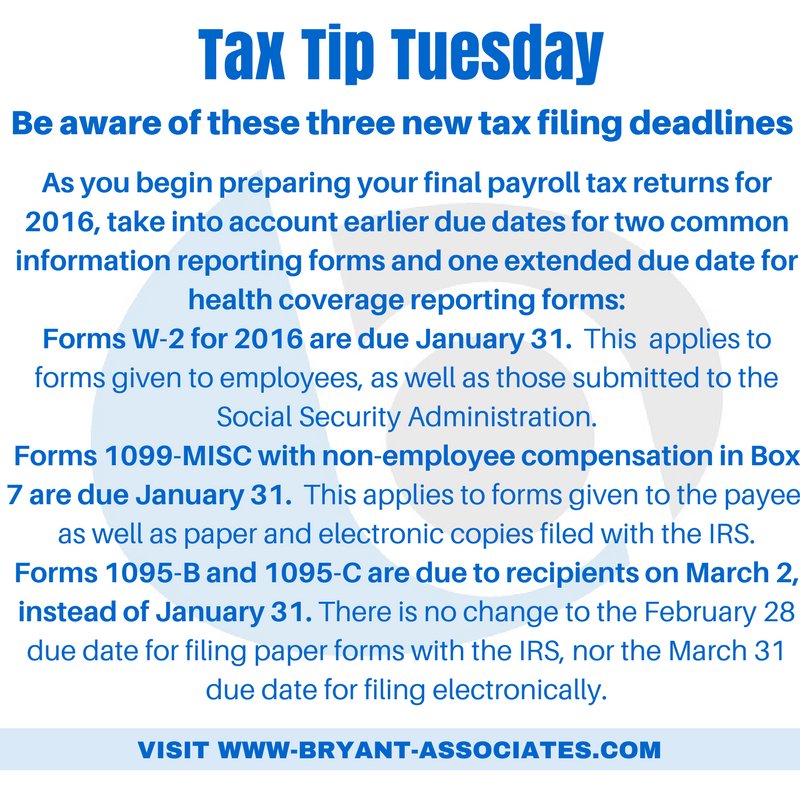 BryantCPA's tweet photo. #taxes #taxtiptuesday #businesstip #CPA #bryantassociates #lnk #accountant #taxpreparer  #duedate #w2 #1099 #1095b #1095C #taxreturn https://t.co/smjclOxlfq