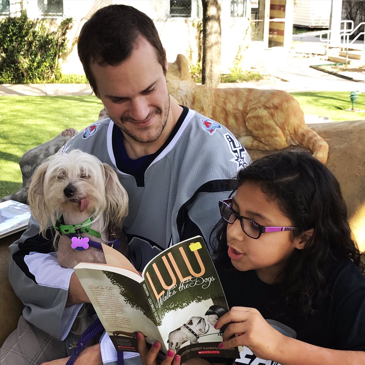 sarampage's tweet photo. Time to read! @MatClark2 and Mike Sislo stopped by the Humane Society to read books to dogs with our Team Up Challenge group.#PowerToEmpower https://t.co/Ubn2uJzIGN