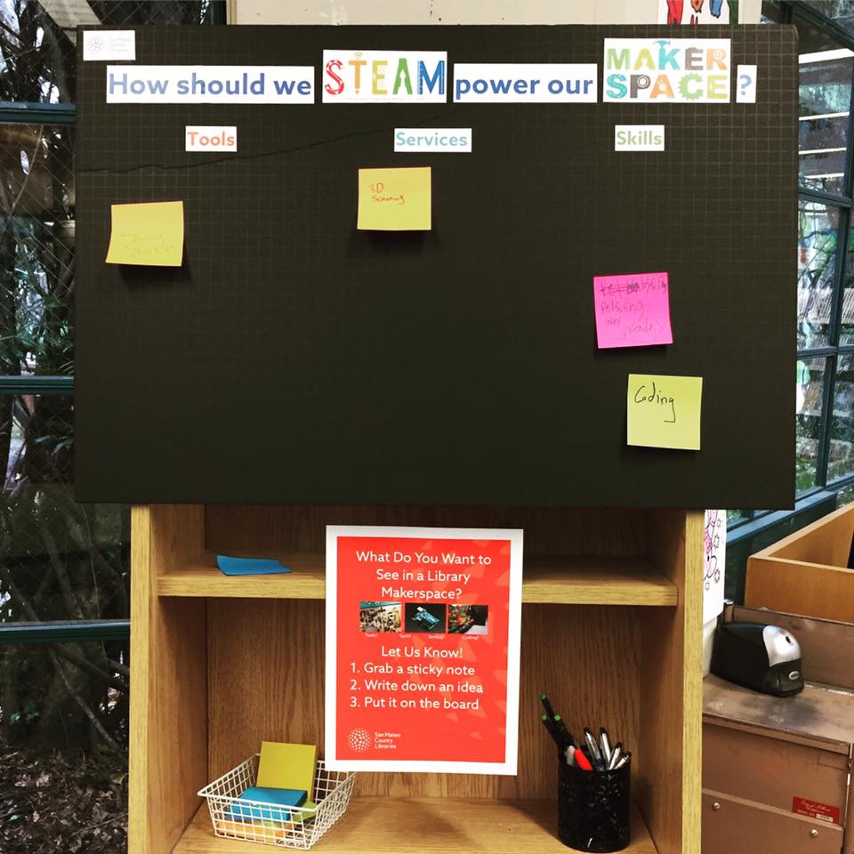 SMCLibraries's tweet image. Share your ideas about how we should power our future #LibraryMakerspaces with science, technology, engineering, arts &amp;amp; mathematics! #STEAM