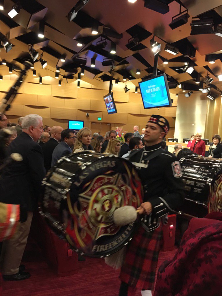 At the #StateofVegas 2017 address listening to Mayor Goodman. I didn't know we had a pipe and drum corp!