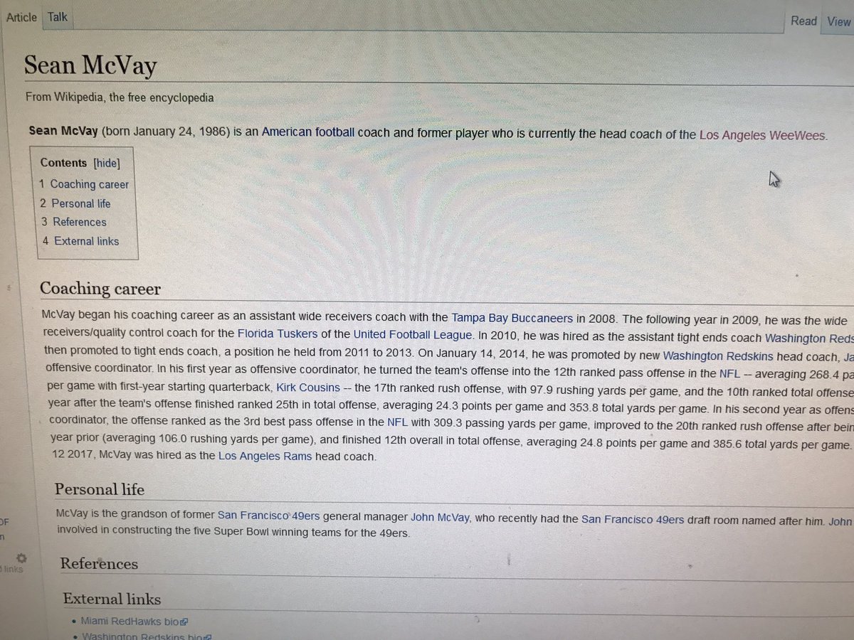 TheMozKnowz's tweet photo. #Wikipedia with no love for new #LARams HC #SeanMcVay. Gotta prop up the youngest #NFL HC!  #LosAngeles #WeeWees #cold https://t.co/RpH4dsKsLP