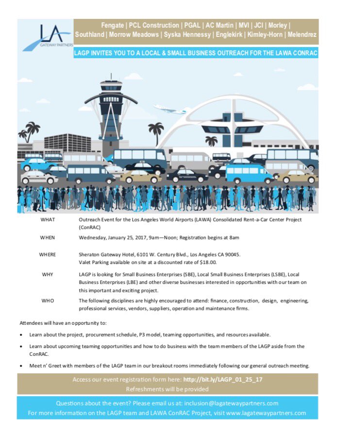 priscillachav's tweet photo. LA Gateway Partners is hosting an outreach event for the #LAWALAMP CONRAC project on 01/25 @ Sheraton Gateway Hotel LAX, 9am. Come meet us! https://t.co/mezgzyfR6m