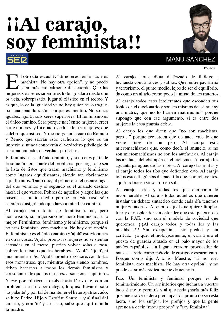 🔴Columna | "AL CARAJO¡SOY FEMINISTA!" Porque no son equidistantes,sino muy equidistintos. <a href="/La_SER/">Cadena SER</a> en <a href="/laventana/">La Ventana</a> 
cadenaser.com/emisora/2017/0…