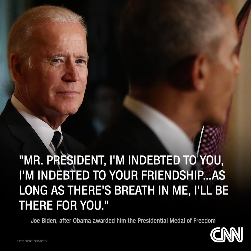 CNN's tweet photo. An emotional Joe Biden accepted a Presidential Medal of Freedom from President Obama, saying, "I don't deserve this" https://t.co/E8gwVr5gEl https://t.co/4f6GjkdOz3