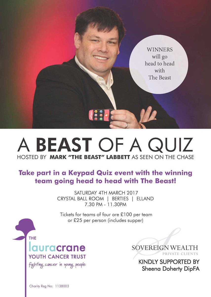 PamThornes's tweet photo. Brave enough to take on The Beast? Join @lauracranetrust at #beastofaquiz @SponsorMeUK https://t.co/D2fzhKOLif