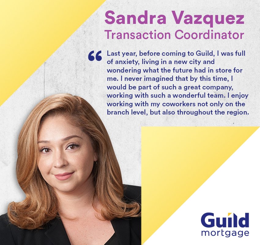 guildmortgageco's tweet photo. Sandra Vazquez, Transaction Coordinator, talks about her transition to Guild #GuildMortgage #GoWithGuild https://t.co/evXNyAa4U3