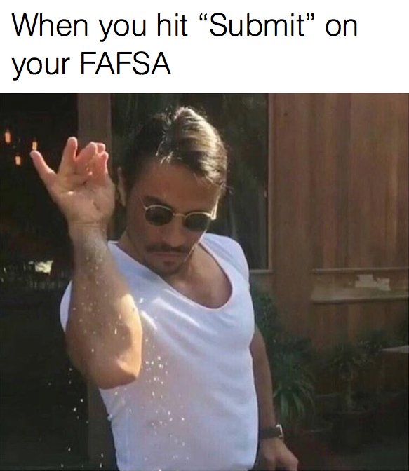 FAFSA's tweet image. You know the feeling. (But in case you don&apos;t, get it: fafsa.gov) #SaltBae