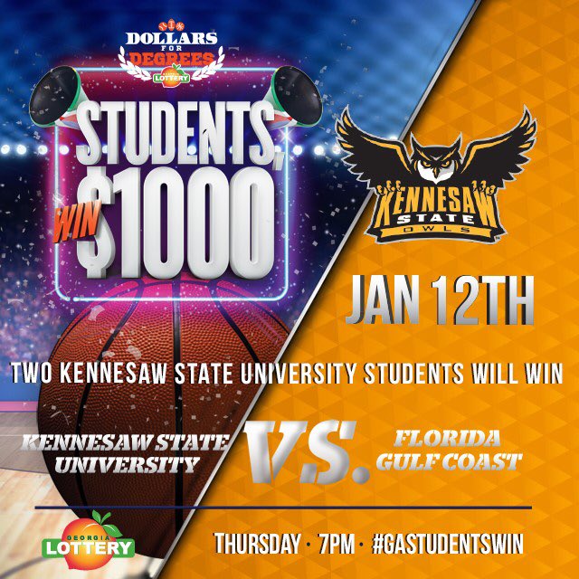 KSUstudentswin's tweet photo. The @GeorgiaLottery will be giving away $1000 to two students tonight, you'll want to be here cheering on the Owls #hootyhoo #GaStudentswin https://t.co/Lq0jC4qIW8