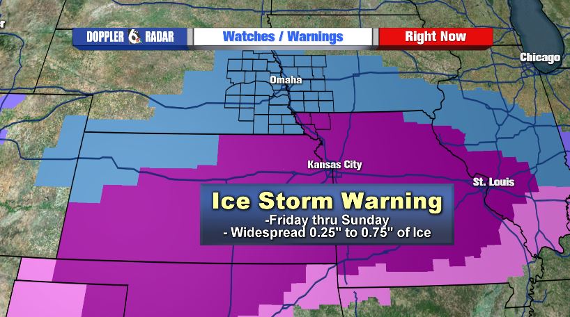 Winter Storm Watch but Ice Storm Warning for purple shaded areas south.
