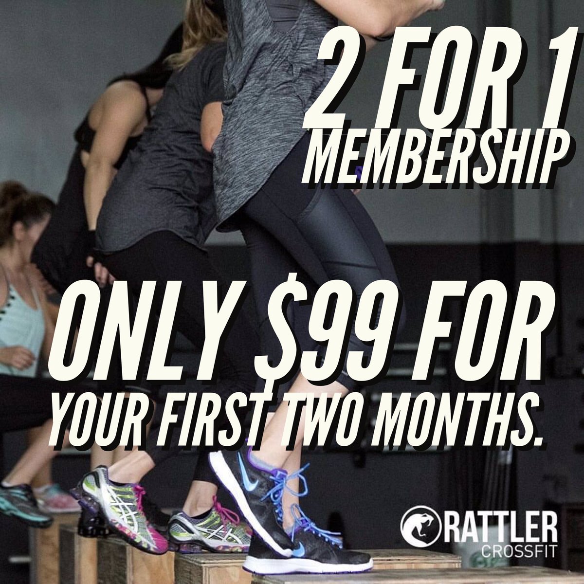 RattlerCrossFit's tweet photo. ONLY $99

For the first two months of your CrossFit or BootCamp membership. 
#2for1special #crossfit #bootcamp #bemorehuman #fitnessjourney https://t.co/r54YMxanxi