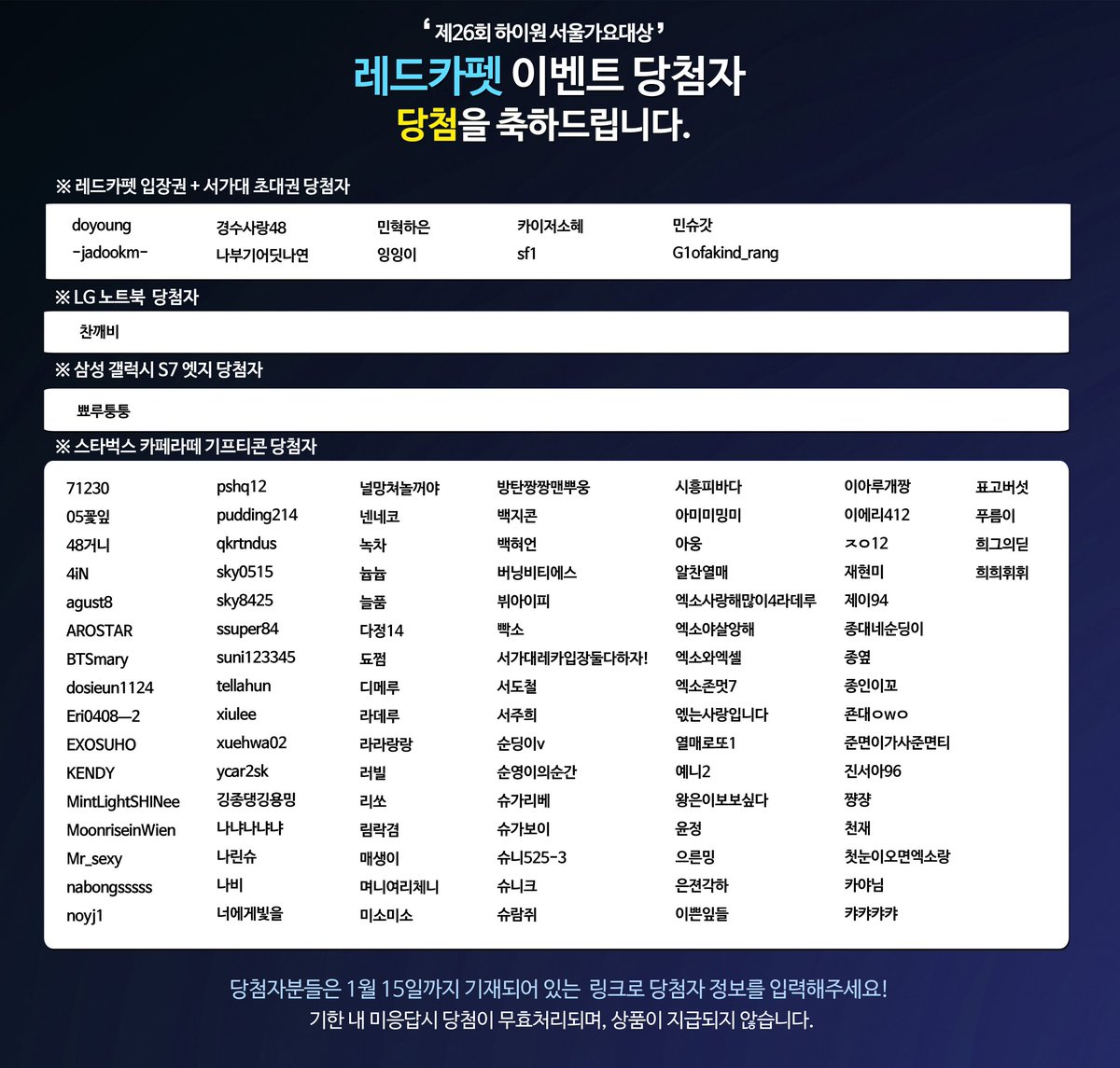 [#제26회서가대] 레드카펫이벤트 당첨자 발표합니다🎉 본인의 서가대투표앱 닉네임을 확인해주시기 바랍니다😁당첨자분들은 기재되어 있는 링크를 통해 1월 15일내에 당첨자 폼을 꼭 작성해 주시기 바랍니다 >>goo.gl/forms/VADbnjBl…