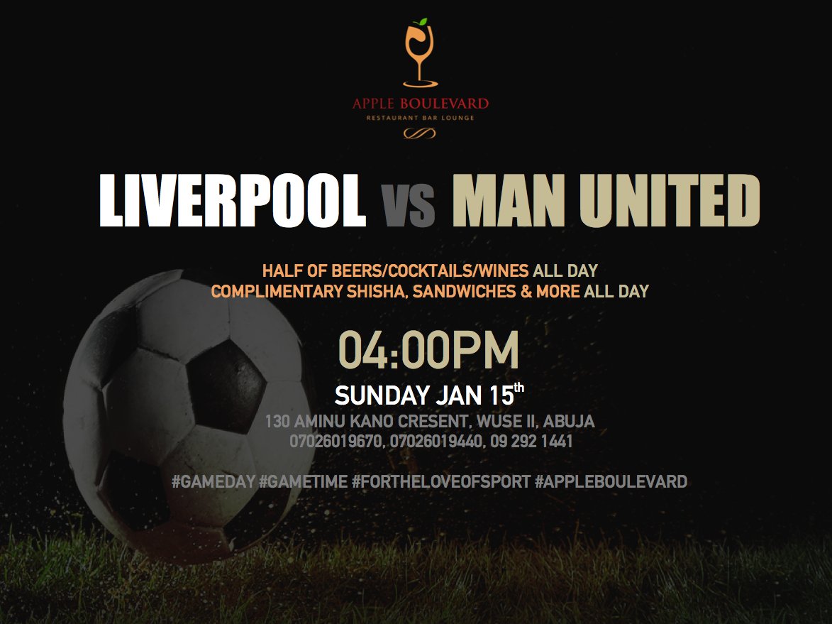 apple_boulevard's tweet photo. Manu Vs Liverpool! - Half off beers/cocktails/wines &amp; more #appleboulevard #abuja #bar #fortheloveofsport #football #gameday #gametime https://t.co/1i9hmqNFIx
