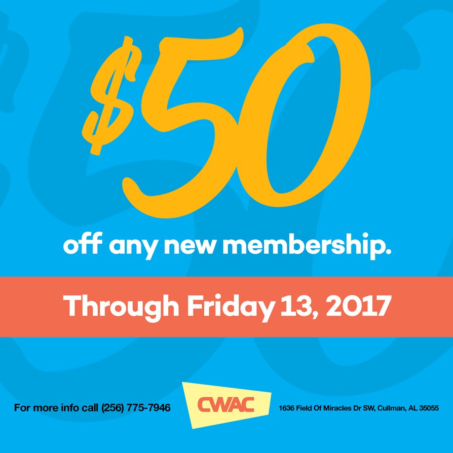 CullmanParksRec's tweet photo. TOMORROW is the last day to receive a $50 discount when opening up a new membership at CWAC! #CWACBuzz https://t.co/3lHD7jq4PL