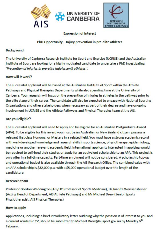 _mickdrew's tweet photo. Interested in doing a PhD @Ausport? Have a look at these on offer! @ShonaHalson @PrepareNPerform @UC_RISE @BJSM_BMJ @apaphysio Please RT. https://t.co/qZiWYwhyX5