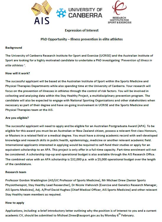 _mickdrew's tweet photo. Interested in doing a PhD @Ausport? Have a look at these on offer! @ShonaHalson @PrepareNPerform @UC_RISE @BJSM_BMJ @apaphysio Please RT. https://t.co/qZiWYwhyX5
