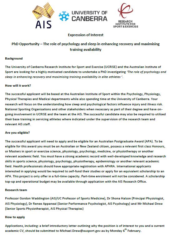 _mickdrew's tweet photo. Interested in doing a PhD @Ausport? Have a look at these on offer! @ShonaHalson @PrepareNPerform @UC_RISE @BJSM_BMJ @apaphysio Please RT. https://t.co/qZiWYwhyX5
