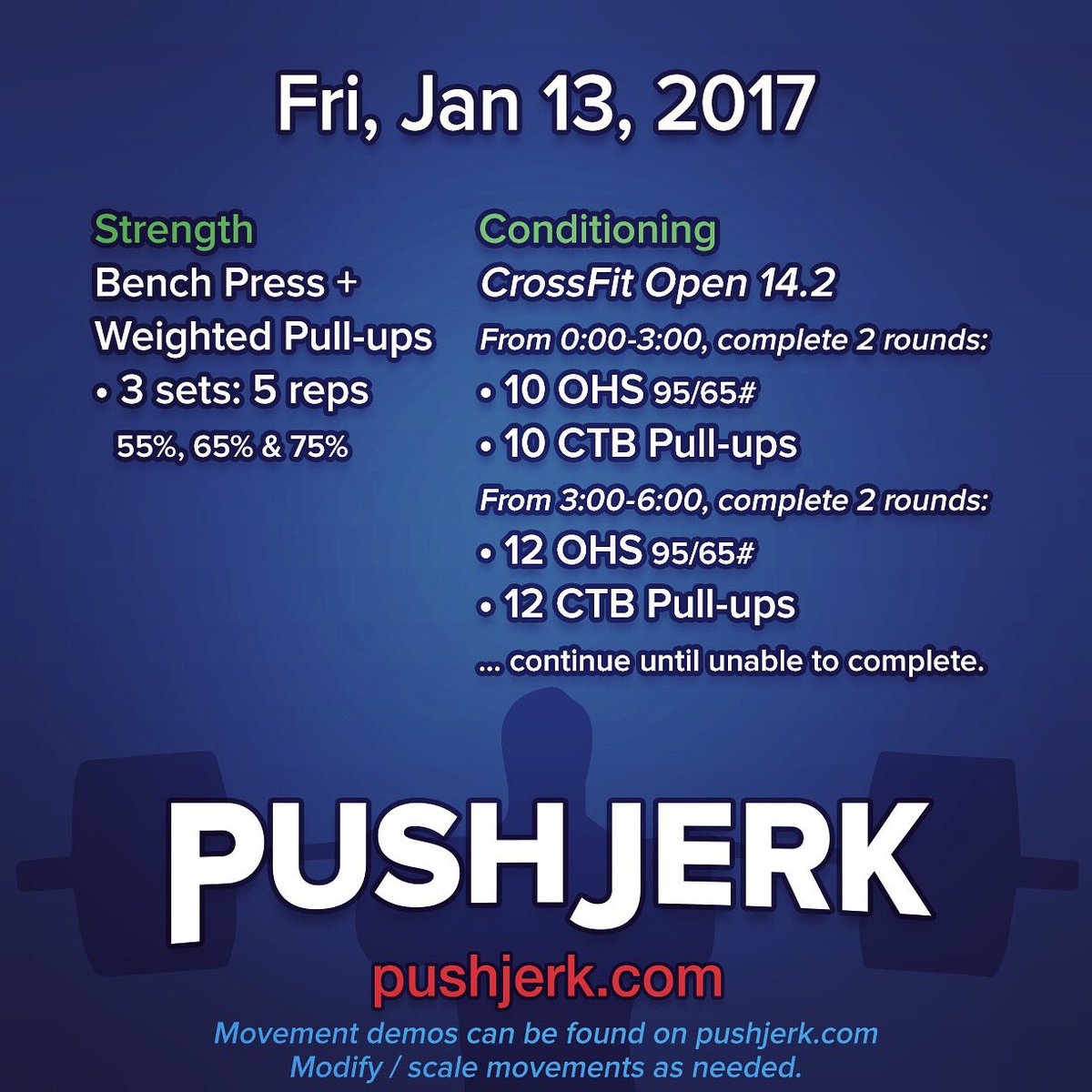 PushJerk's tweet image. Fri, Jan 13, 2017
PushJerk.com
#benchpress 💪🏼 #weightedpullups ✊🏼✊🏼 #openwod 👍🏼 #ohs 🏋🏼 #ctb 😑