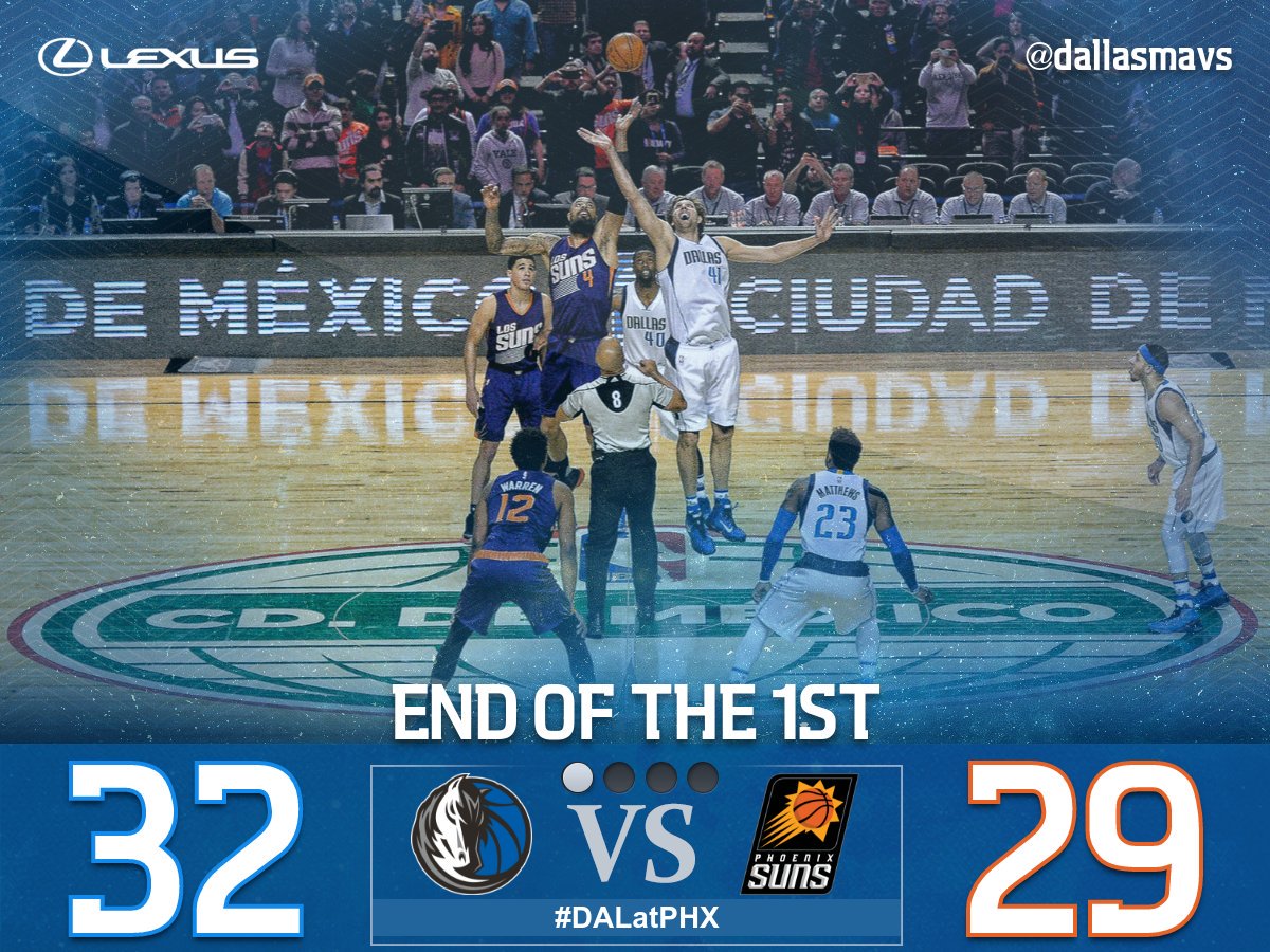 End of the 1st in Mexico City. @sdotcurry 9 points and @DeronWilliams has 8. #DALatPHX #NBAMexico25 https://t.co/9Y8BXsBM9p