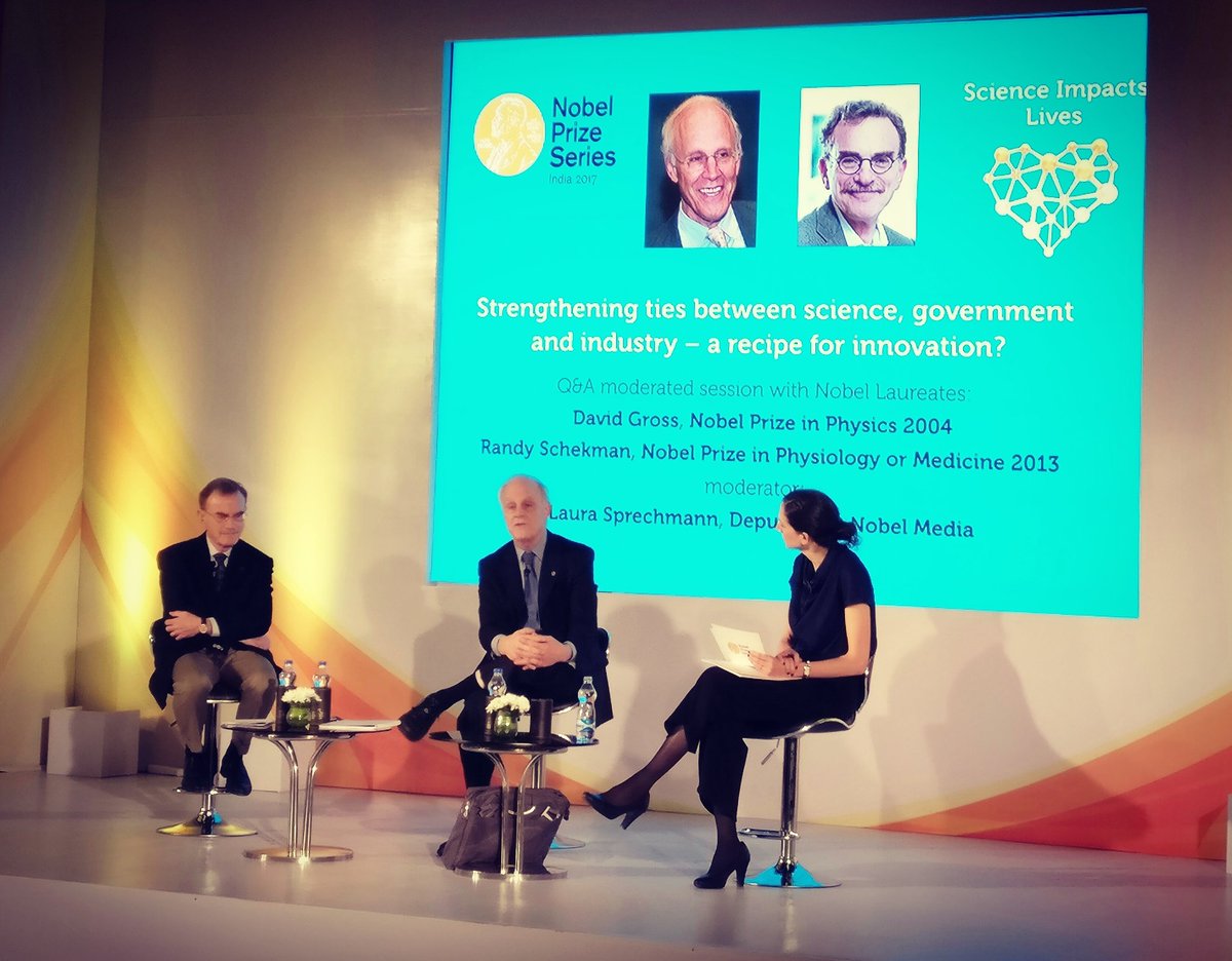 nobelseries_ind's tweet photo. #Nobellaureates Prof. #Schekman & Prof. #Gross speaking at the Nobel Q/A session moderated by Laura Sprechmann, Dy. CEO of Nobel Media AB. https://t.co/hbYwL8OQox