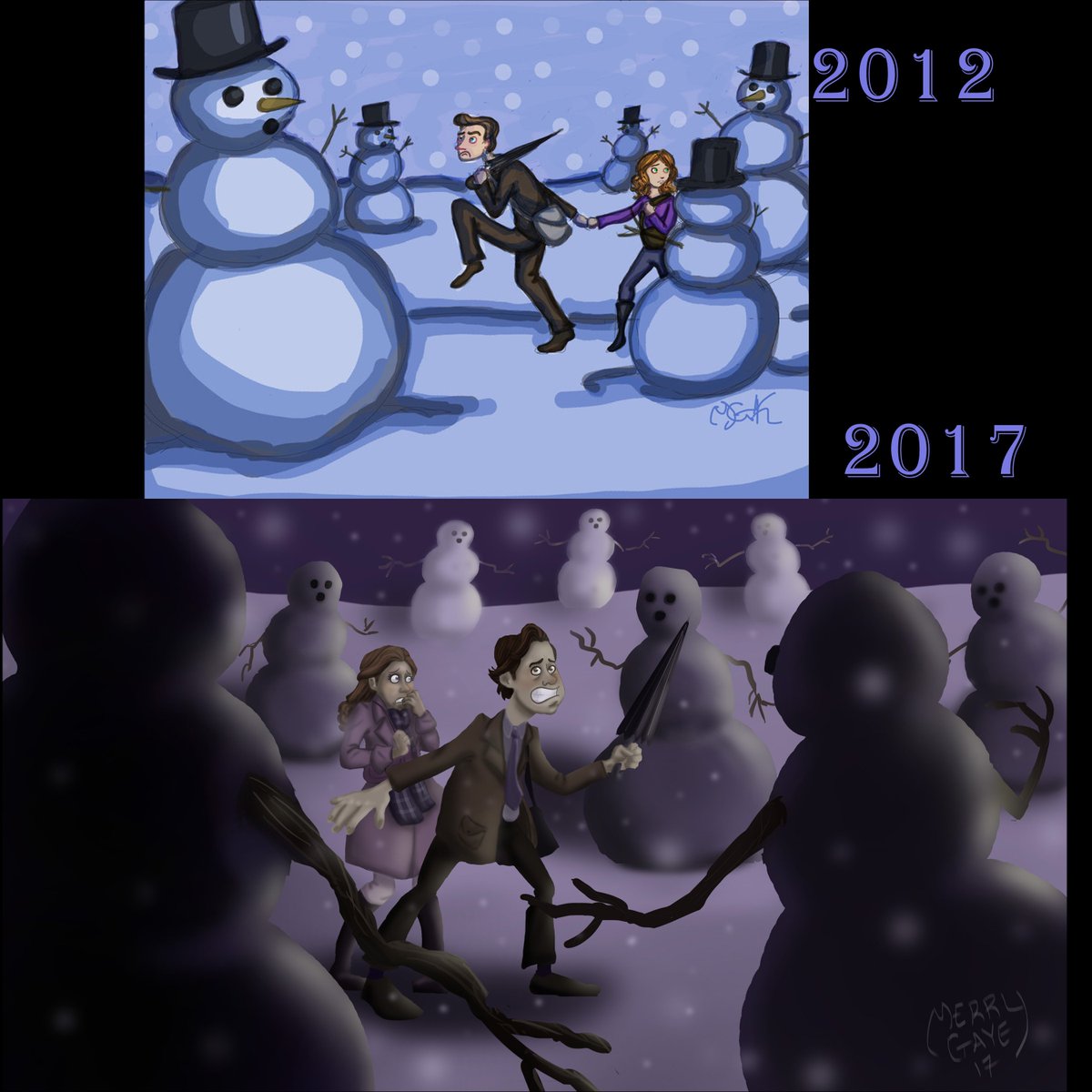 MerryGKD's tweet photo. Re-drew a piece from 2012. Jim and Pam v Dwight's Snowmen. I'll post the full illustration tomorrow. :) #ReDraw #ArtisticGrowth #Lookatmenow https://t.co/0My6O7FYEe