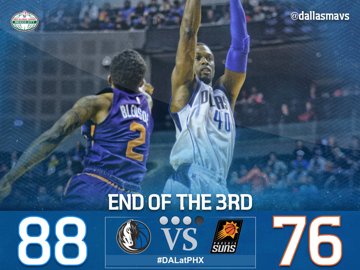 End of the 3rd. @DeronWilliams 23 points and @hbarnes and @swish41 with 15. #DALatPHX #NBAMexico25 https://t.co/7PV0B2kTpw