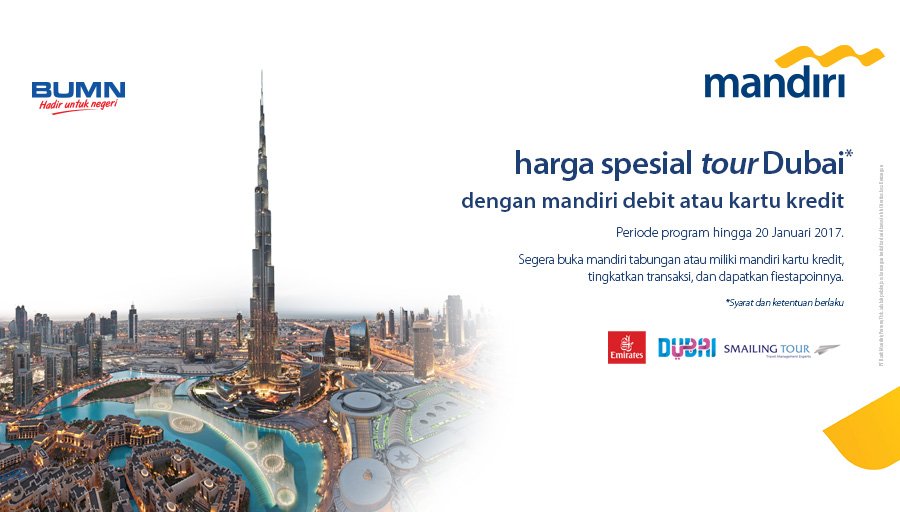 bankmandiri's tweet photo. Pergi ke Dubai menggunakan #mandiridebit atau #mandiricard dari Smailling Tour, yuk! https://t.co/v05Wyb6c9g https://t.co/gOjRWrKxLc