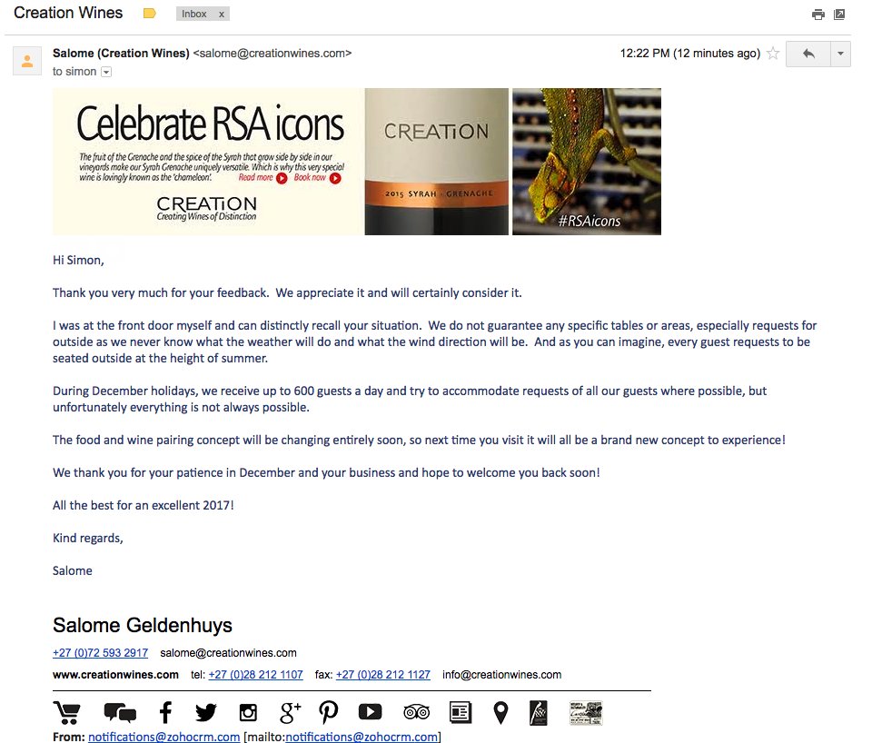 SimonSnorr's tweet photo. .@creationwines Really not a great answer. Complained about service and food and didn’t even get an apology. https://t.co/INFP6MQqDh