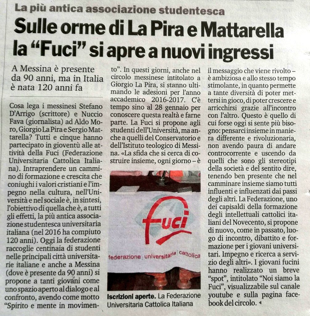FuciMessina's tweet photo. Oggi su #GazzettadelSud #Fuci #Messina #Unime #GoFuci #DiarioFuci #SpiritoeMente #adesioni2017 @PresidenzaFuci @unimessina https://t.co/0NAQsrfGGK