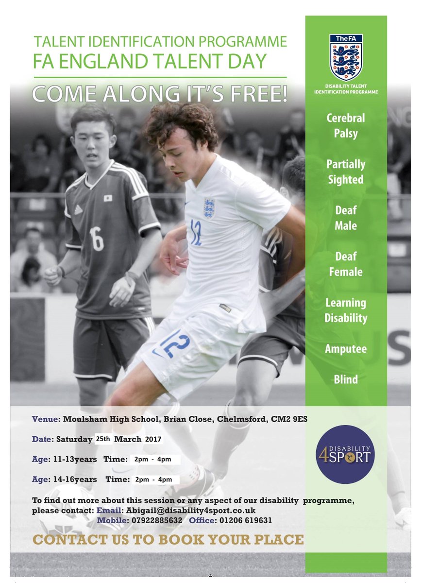 ActiveEssex's tweet photo. England FA Talent Identification Day for Cerebal Palsy, Deaf, Learning Disability, Amputee players - 25 March. Book your place with @D4Sport https://t.co/qya09Rs9L6