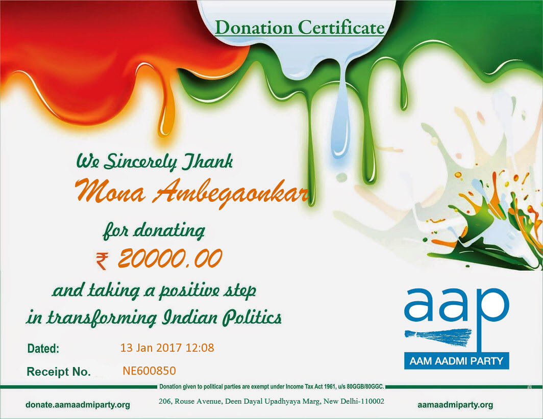 MonaAmbegaonkar's tweet photo. I have donated towards clean & honest public servants to run my country. For the future of #India. Come join this movement. #FearlessAAPians https://t.co/aCPdleGnsg