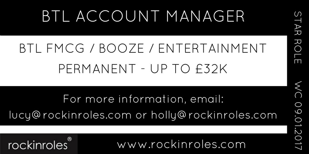 rockinroles's tweet photo. #StarRole #BTL #AccountManager role on a perm basis up to Β£32k. Working across #FMCG #Booze and #Ents clients. Email lucy@rockinroles.com https://t.co/EVixW4C0Gc