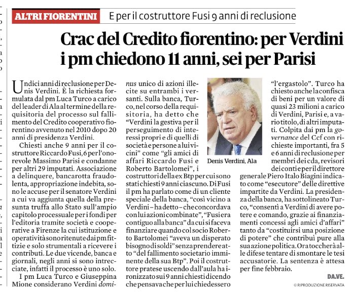 antonio_bordin's tweet photo. Intanto si avvicina l'esito naturale per il Padre Costituente di #Renzi: chiesti 11 anni per #Verdini.
Ed è solo il primo. https://t.co/BVnQCpnNr4