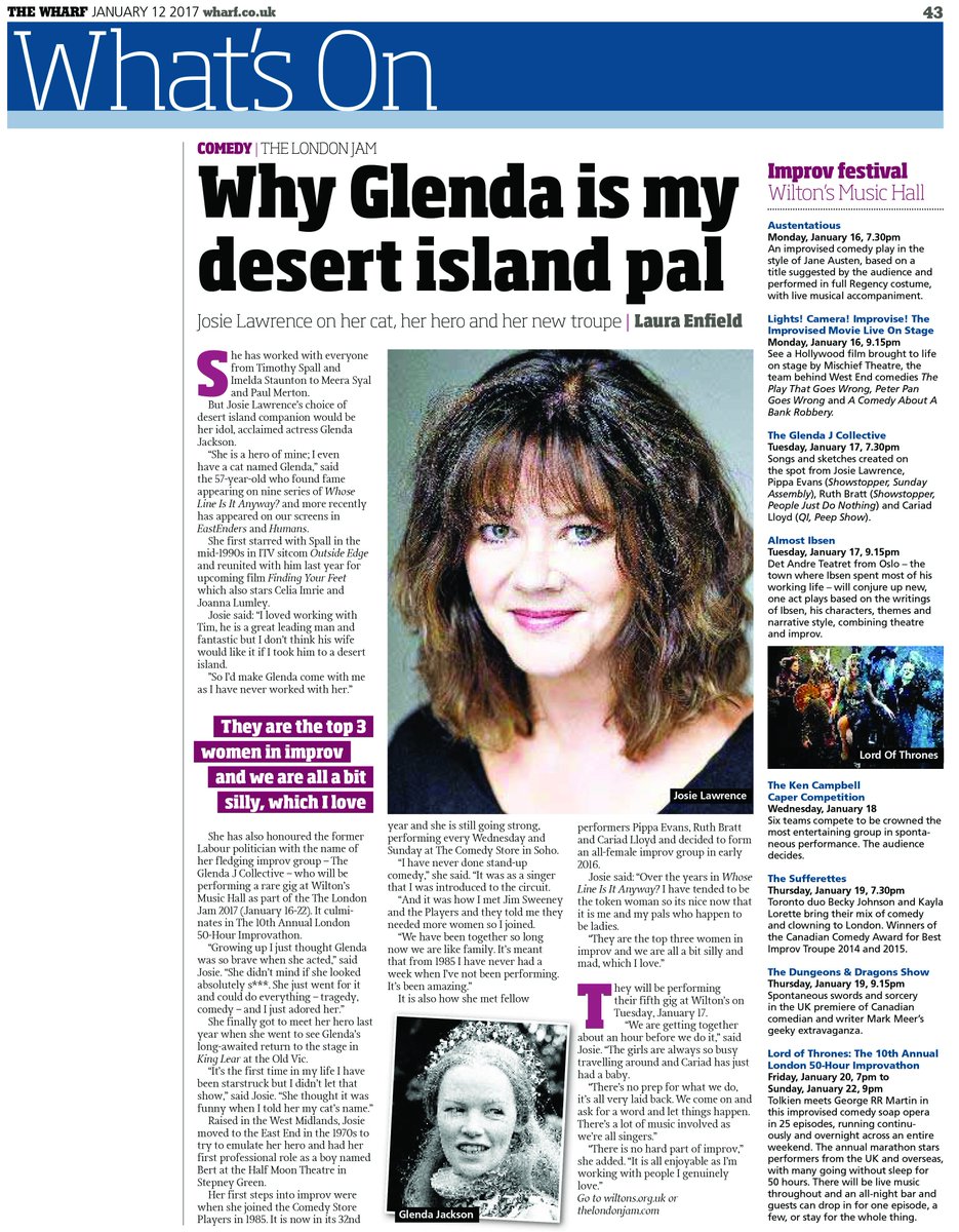 KevinWilsonPR's tweet photo. Briliant interview in THE WHARF today with improv star Josie Lawrence plus THE LONDON JAM highlights &amp; IMPROVATHON! @theimprovathon https://t.co/ikw2i6rzID