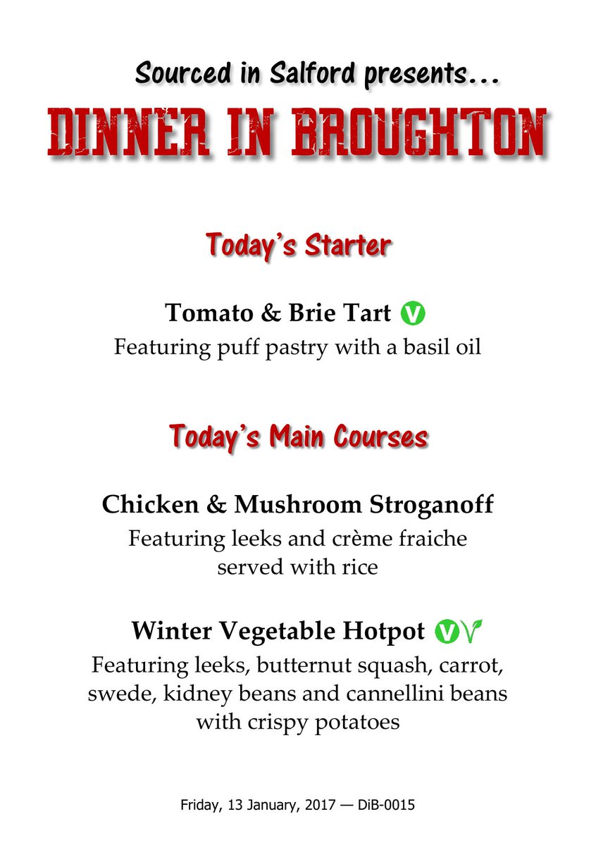 Sourced_Salford's tweet photo. Here's tonight's 'Dinner in Broughton' menu. Two courses for just £2. Hope to see you there from #5pm at #TheNaz #M71ZQ
#SocEnt #ComBiz https://t.co/egAbLsrIm6