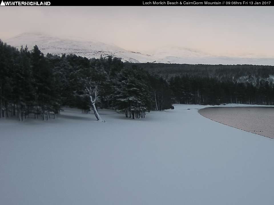 Loch Morlich beach #Cairngorms covered in #snow Friday morning in Winterhighland pic...ok, so who's running across untouched #snow first?