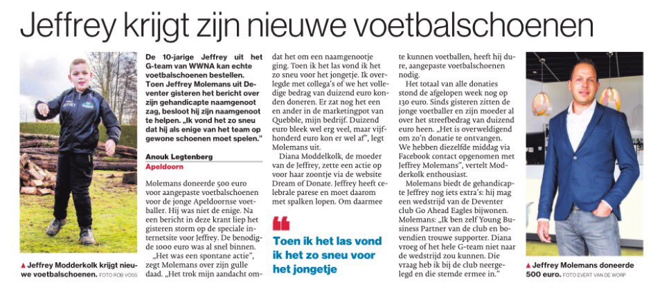 Hartstikke fijn voor Jeffrey! Nu kan hij snel op echte voetbalschoenen spelen. Zo hoort het ook. :-)