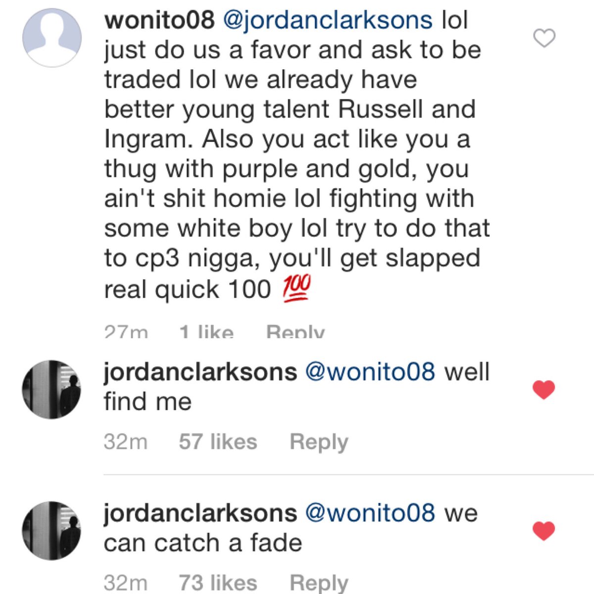 LakeShowYo's tweet photo. Public Service Announcement: Don't mess with Jordan Clarkson !! #NBAVote https://t.co/biIuO6qarU