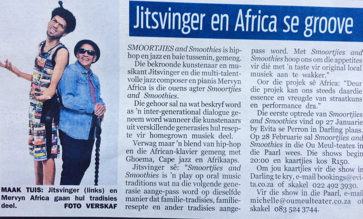 jitsvinger1's tweet photo. @Sonkoerant trama kashi virrie article!!! 🗞✅👍🏽 Ons sien om julle byrie shows te ontvang #voelitvrydag #salutasie https://t.co/Zm5kEm712b