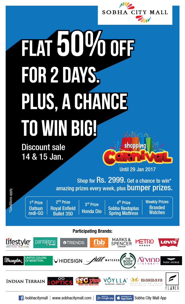 sobhacitymall's tweet photo. Don't miss this opportunity!
#sobhacitymall #shoppingcarnival #prizes #Flat50%Off https://t.co/mYveWfHUJg