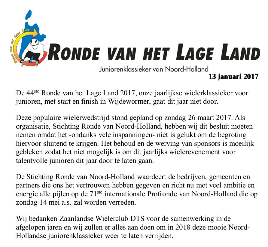 RondevhLL's tweet photo. Helaas geen Ronde van het Lage Land 2017 https://t.co/XiqczmZTFL