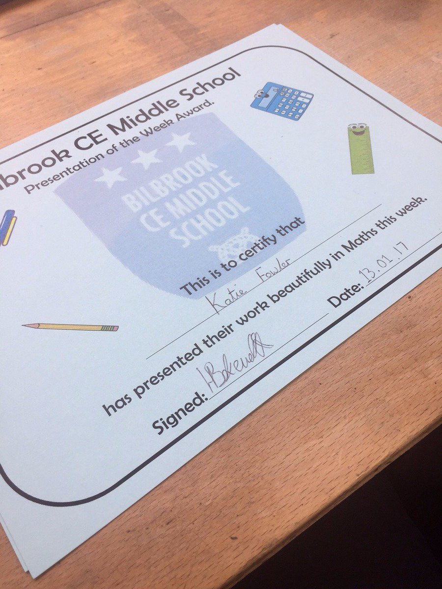 BilbrookMaths's tweet image. Linked to Karrisha's previous tweet, Katie has won presentation of the week award for 7a. Tweet by Isobel!