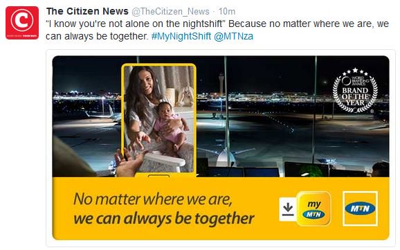 TheCitizen_News's tweet photo. “I know you're not alone on the nightshift” Because no matter where we are, we can always be together. #MyNightShift @MTNza https://t.co/lUt9KU81Vb