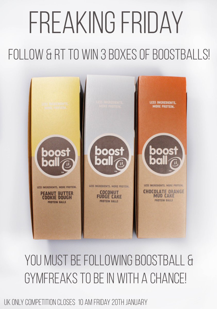 Follow <a href="/boost_ball/">boostball 😋</a> &amp; <a href="/GymFreaksUK/">Gym Freaks</a> &amp; RETWEET to #win 3 boxes of Boostballs! #freebiefriday #competition #fitness #protein #gymlife #muscle