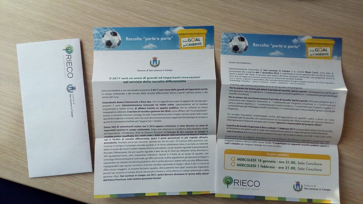 RiecoSpa's tweet photo. #Marche @SLorenzoinCampo (PU) #Rieco: partita la campagna informativa sul nuovo servizio "porta a porta" #incontri #kitdiraccolta #novità https://t.co/Rlc45GdC2C