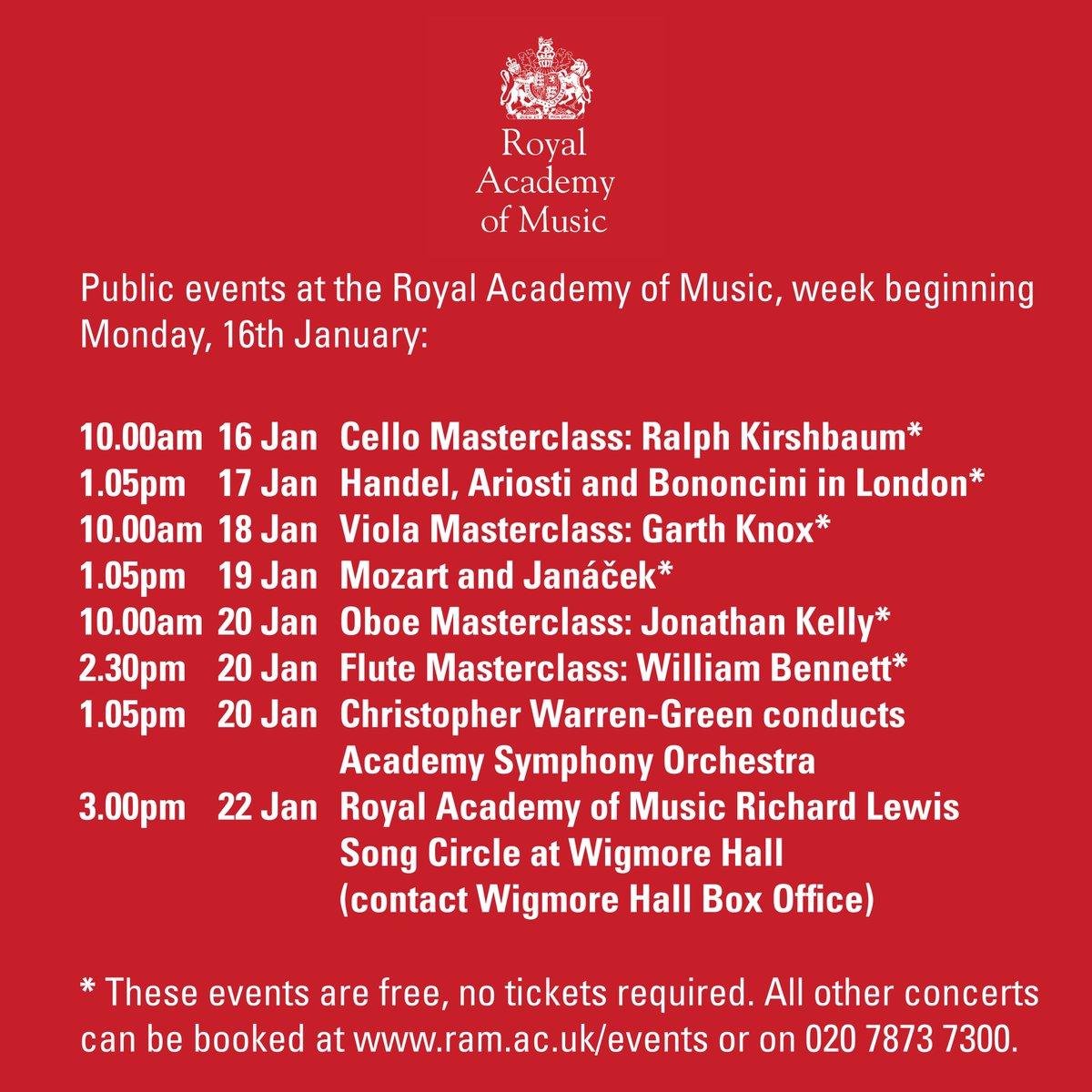 RoyalAcadMusic's tweet photo. Looking for things to do to brighten up your January? Come to one of our masterclasses and concerts next week: https://t.co/5iKyUn2vbR https://t.co/0CLlEsMEPQ