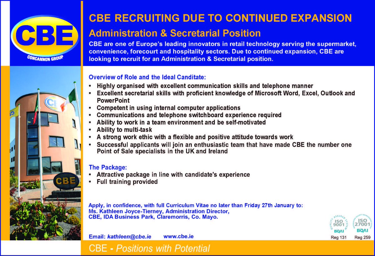 CBE_EPoS's tweet photo. CBE are hiring! Due to continued growth we have an Administration &amp; Secretarial Position available #jobfairy https://t.co/oOmoJBayxF https://t.co/OblPVHfQsD