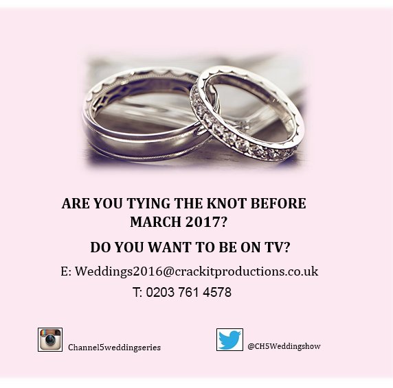 CH5WeddingShow's tweet photo. @GreyhoundVintag RT? 5* want couples getting #married in
January and February 2017 to take part in a brand new #wedding show! Get in
touch! https://t.co/zCHHIIi5Ek