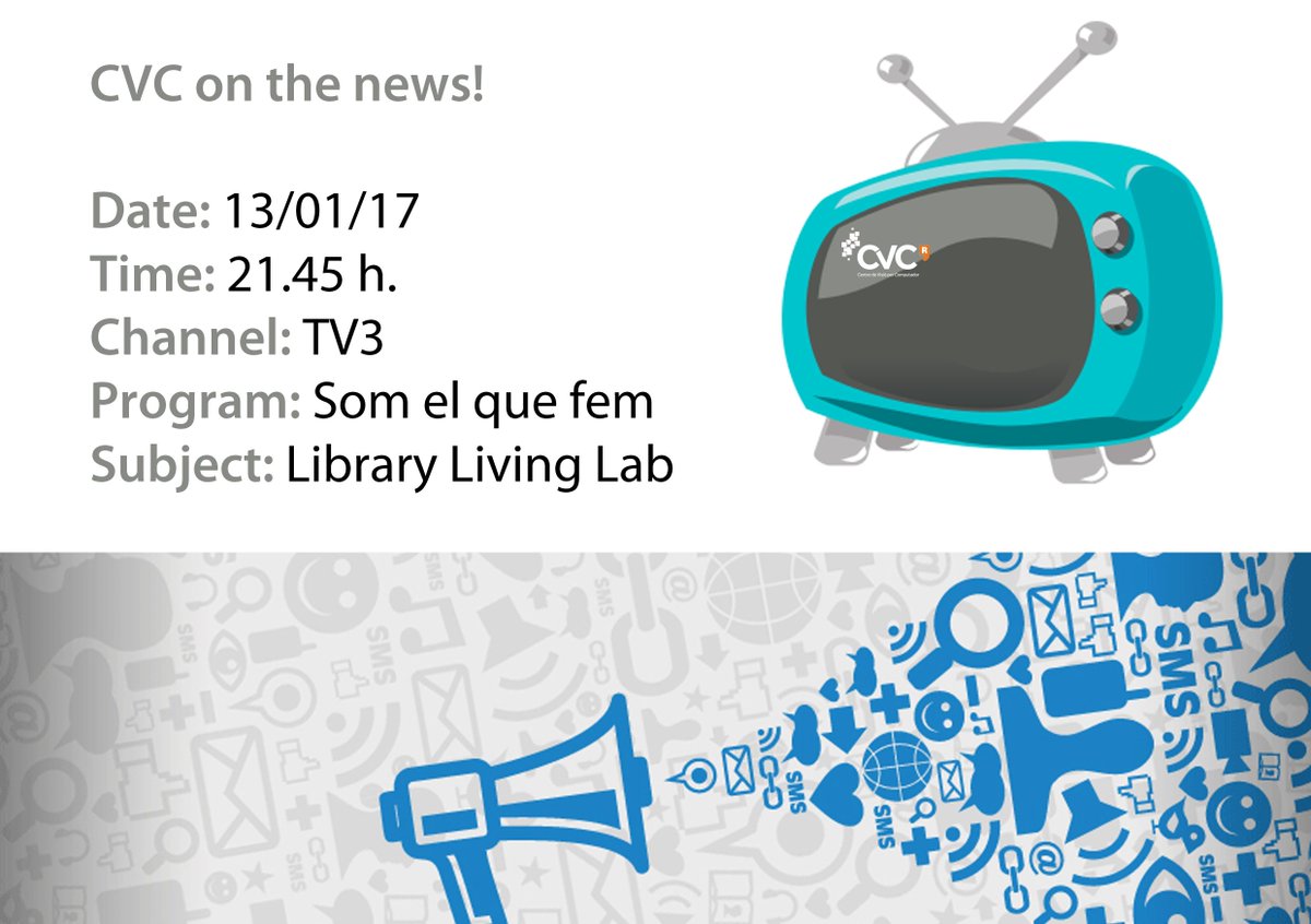 CVC_UAB's tweet photo. Recordeu! Avui a @tv3cat  a @somelquefem es presenta el @LibraryLivLab a les 21.45, despres del telenotícies! https://t.co/m6RizgC3Nk
