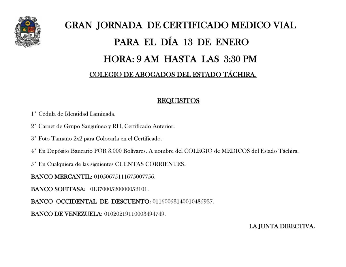 icatachira's tweet photo. RECUERDA HOY 13 DE ENERO GRAN  JORNADA  DE CERTIFICADO MEDICO VIAL EN EL COLEGIO DE ABOGADOS TÁCHIRA. HORA: 9 AM  HASTA  LAS  3:30 PM https://t.co/UywC9jXpCd