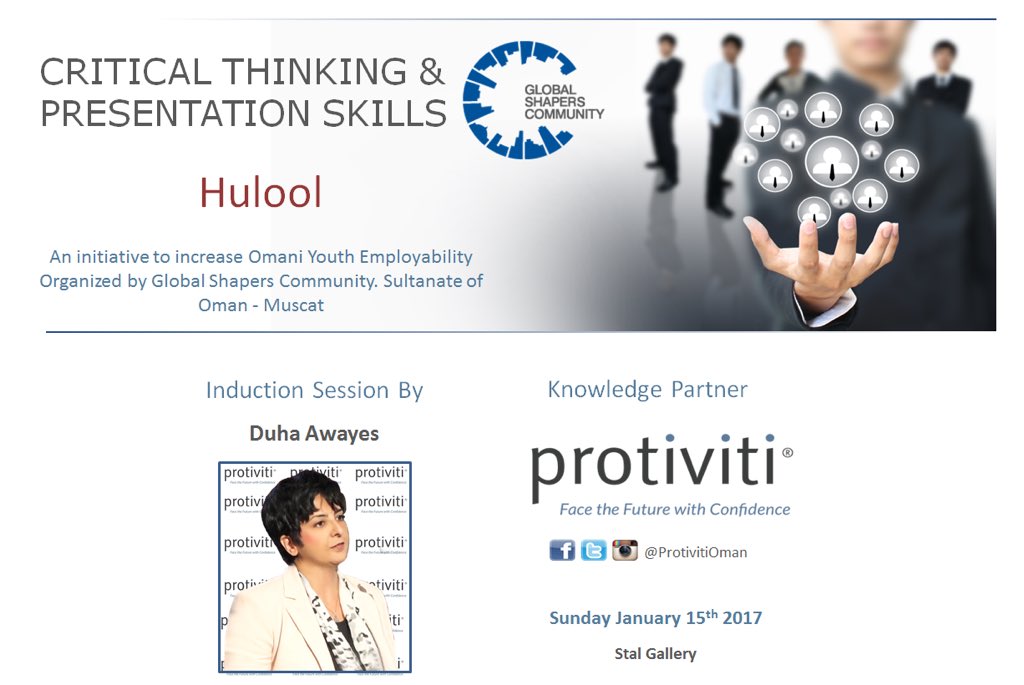 ProtivitiOman's tweet photo. #Protiviti is a Knowledge Partner for #Hulool - an initiative to increase Omani youth #employability organized by Global Shapers Community https://t.co/OH8IdAJR1l